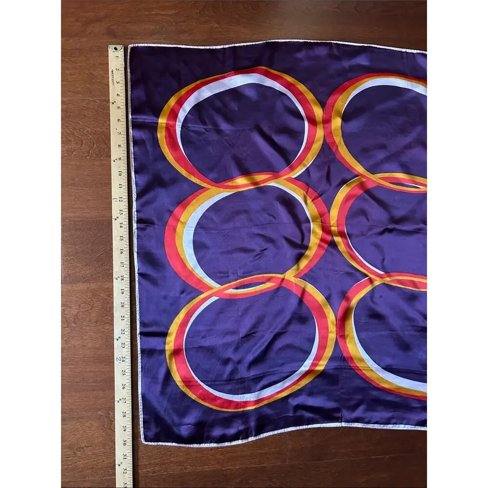 Vintage Bold Purple Scarf with Red, Yellow & White Circular Accents, Hand Rolled